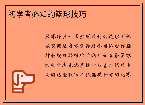 初学者必知的篮球技巧
