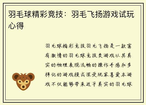 羽毛球精彩竞技：羽毛飞扬游戏试玩心得